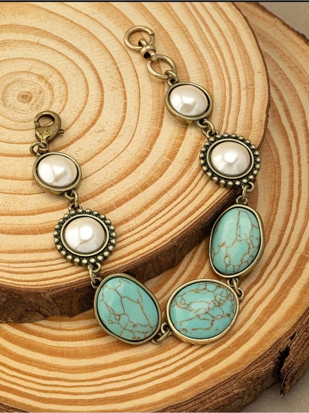 Gold Tone Turquoise & Pearl Oval Bezel Cable Link Bracelet Adjustable 7.5+1in